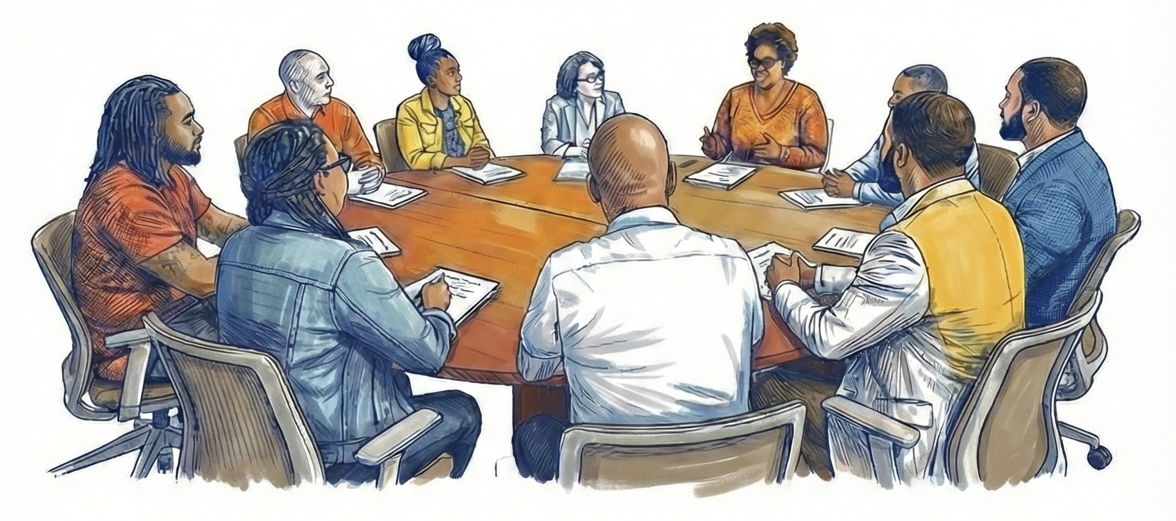 People in conversation around a table